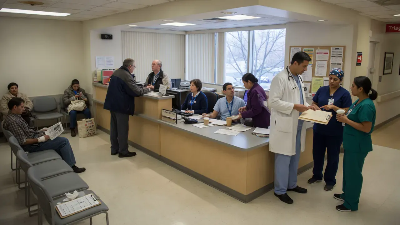 A bright hospital reception with staff at the desk, visitors waiting and clinicians talking.