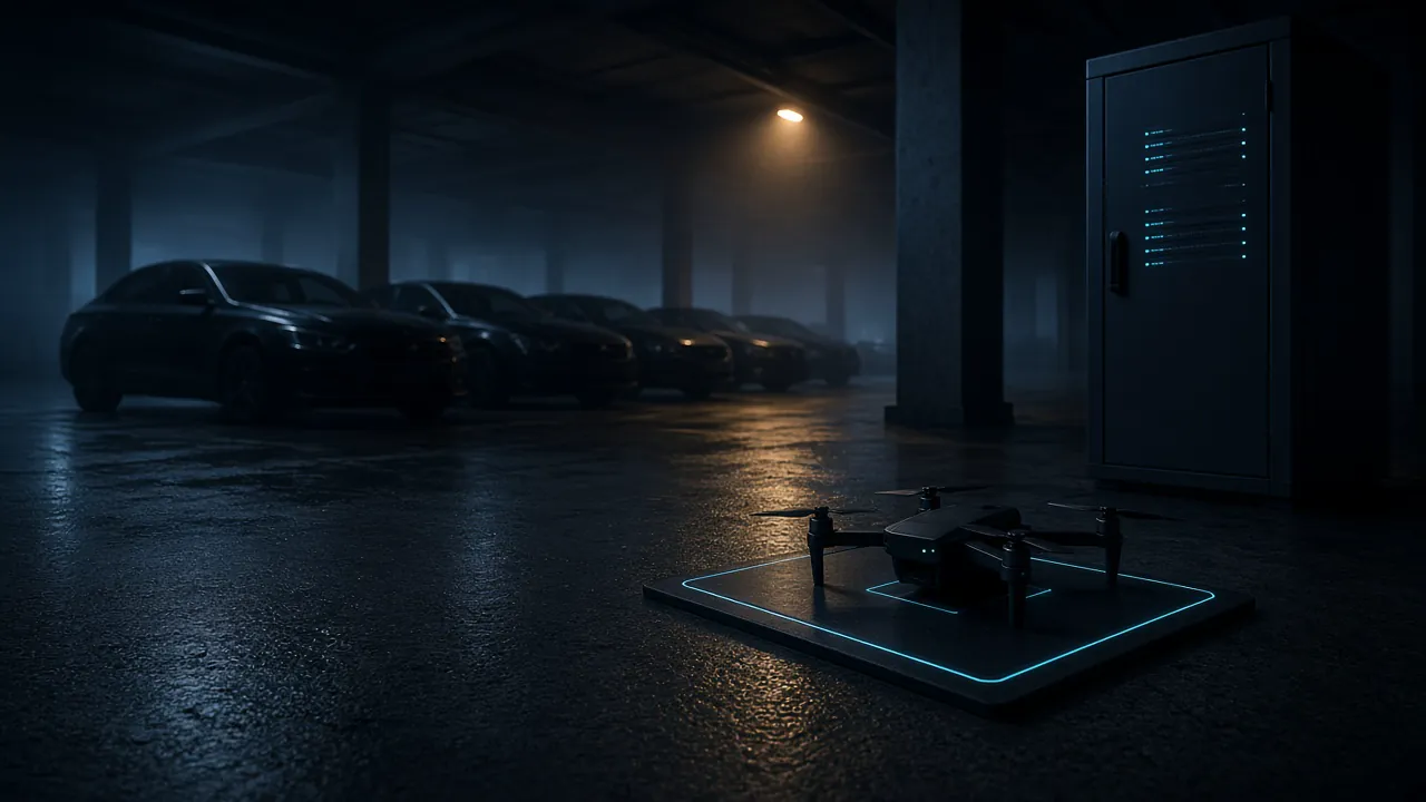 A dark vehicle depot at night: unmarked cars in haze, a small drone on a cyan-lit pad, a server cabinet with cyan status lights.