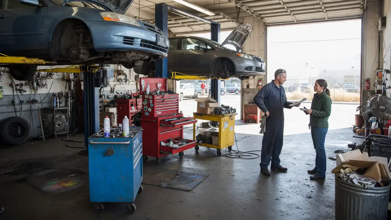 An independent auto repair shop with two cars on lifts, tool chests, and a mechanic talking with a customer.