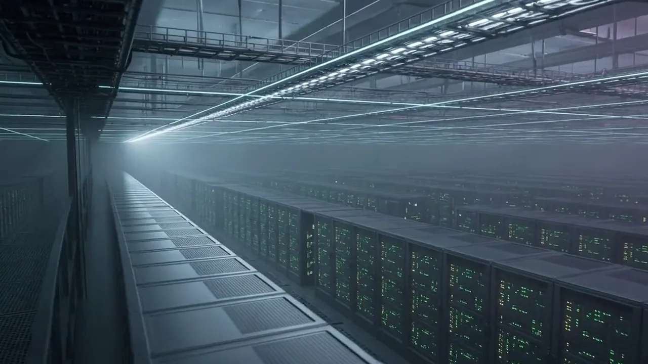 A glide over a vast data hall with light travelling along the cable trays.